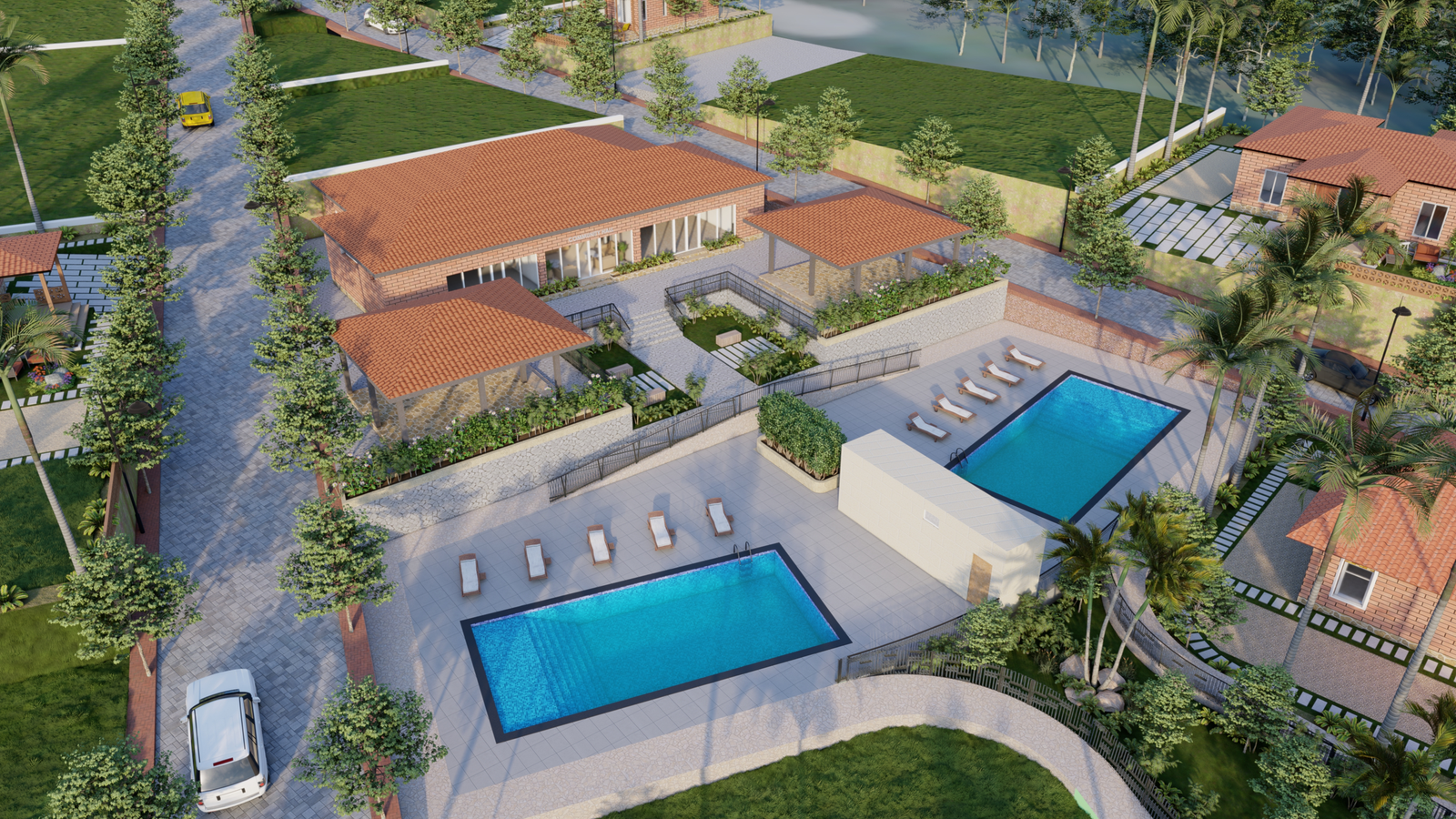 Project visualisation of the Community Centre and two separate swimming pools