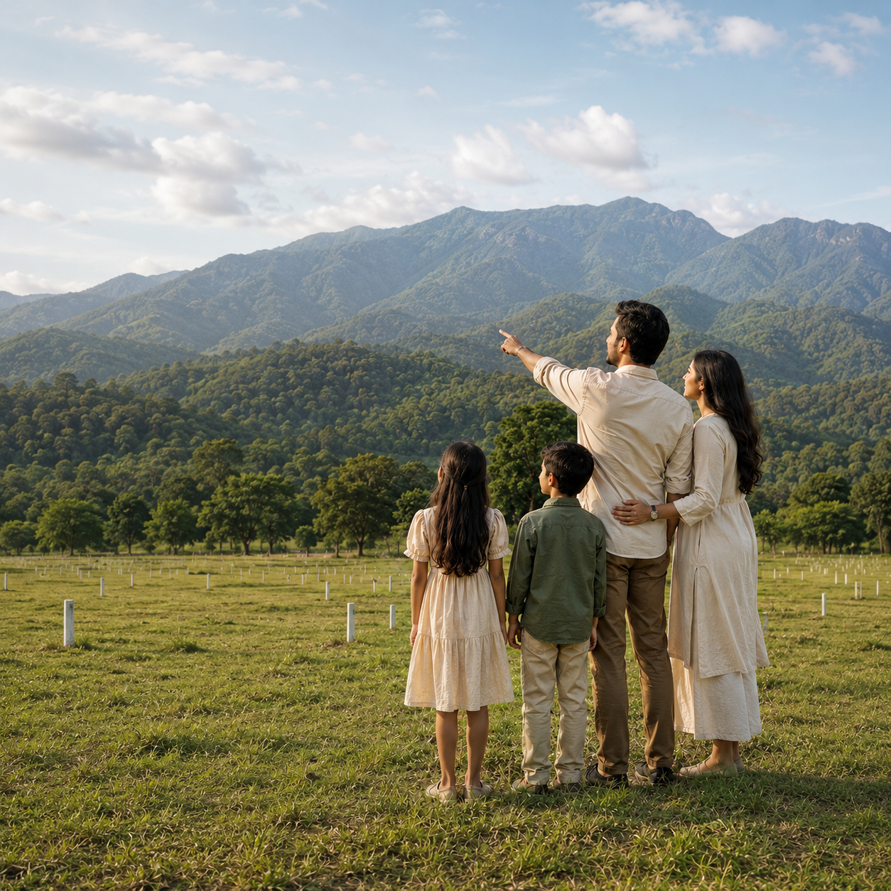 Family pointing toward the landscape in a nature-led setting